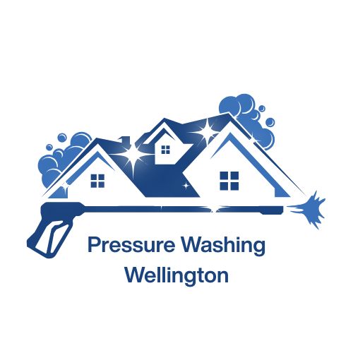 Logo of Pressure Washing Wellington featuring houses and a pressure washer.